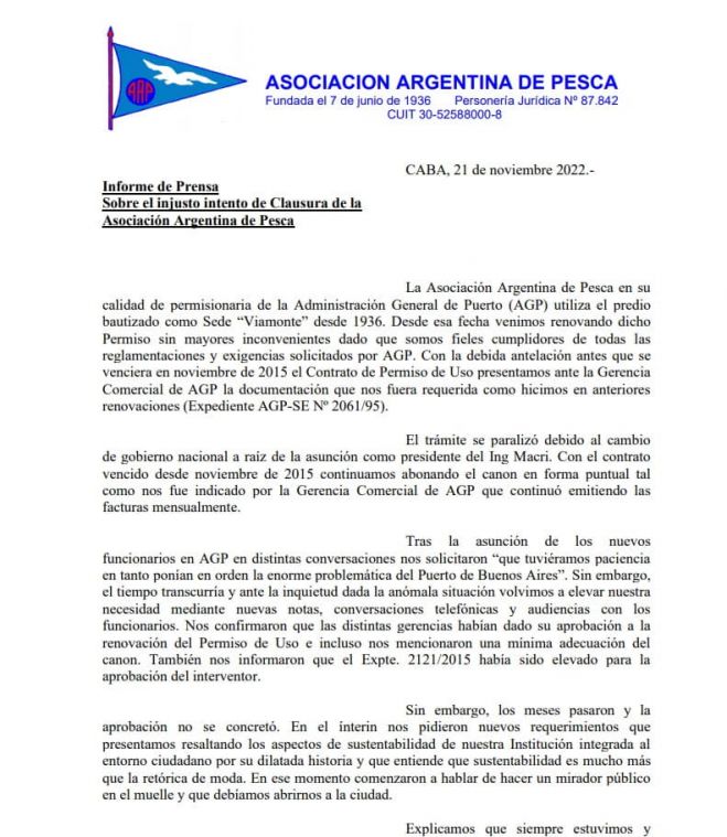 Gacetilla de Prensa emitida por la Asociación Argentina de Pesca