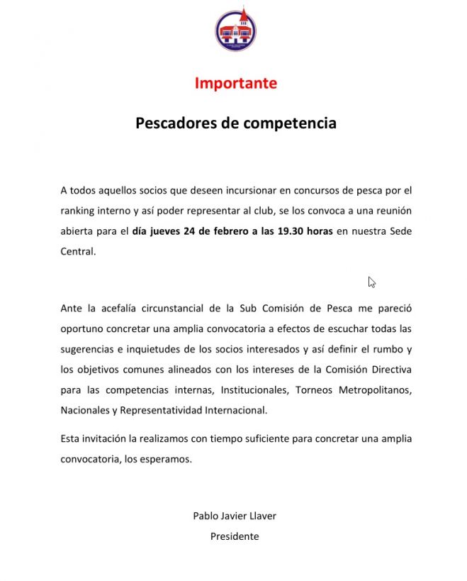 Convocatoria a los pescadores que deseen concursar y representar al Club de Pescadores