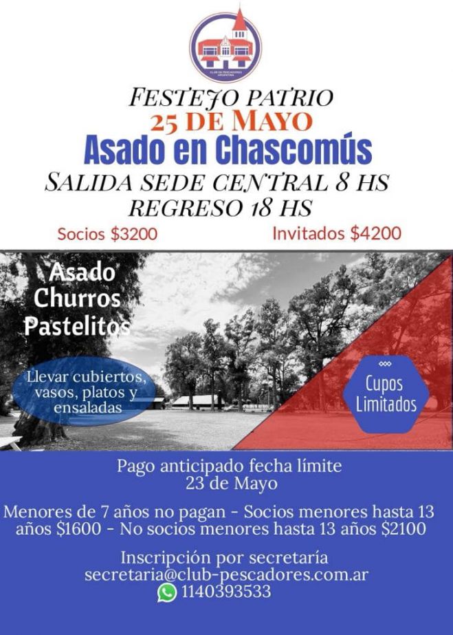 El miércoles 25 de mayo se realizará el festejo y asado Patrio en la Sede Chascomús