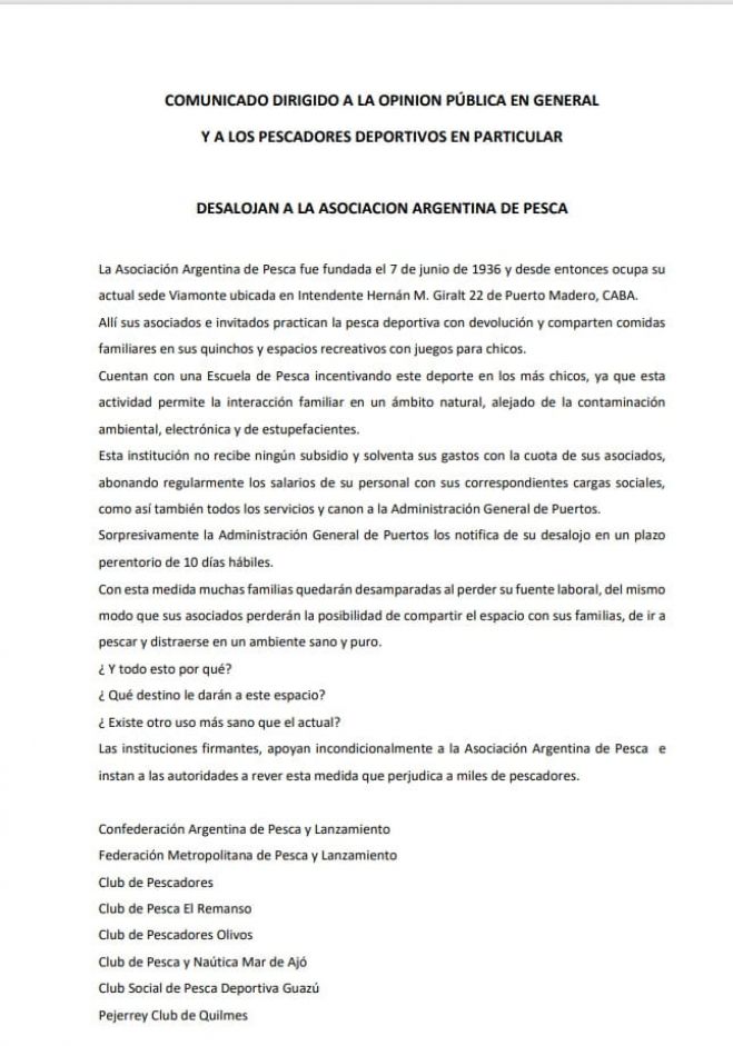 Comunicado dirigido a la opinión pública en general y a los pescadores deportivos en particular